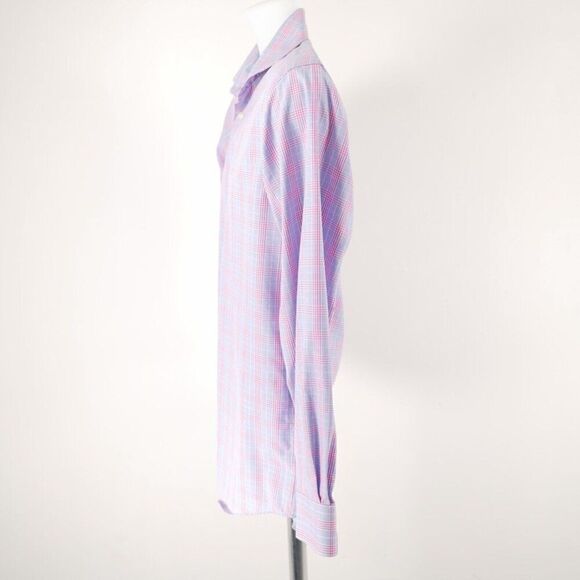 Pronto Uomo Pink‎ Blue Plaid 15.5 32/33 Non Iron Slim Fit Collared Dress Shirt - Picture 4 of 11